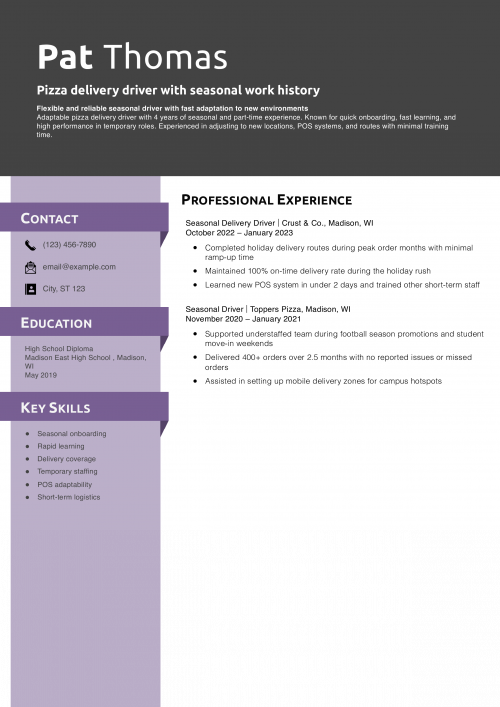 Pizza delivery driver with seasonal work history resume example