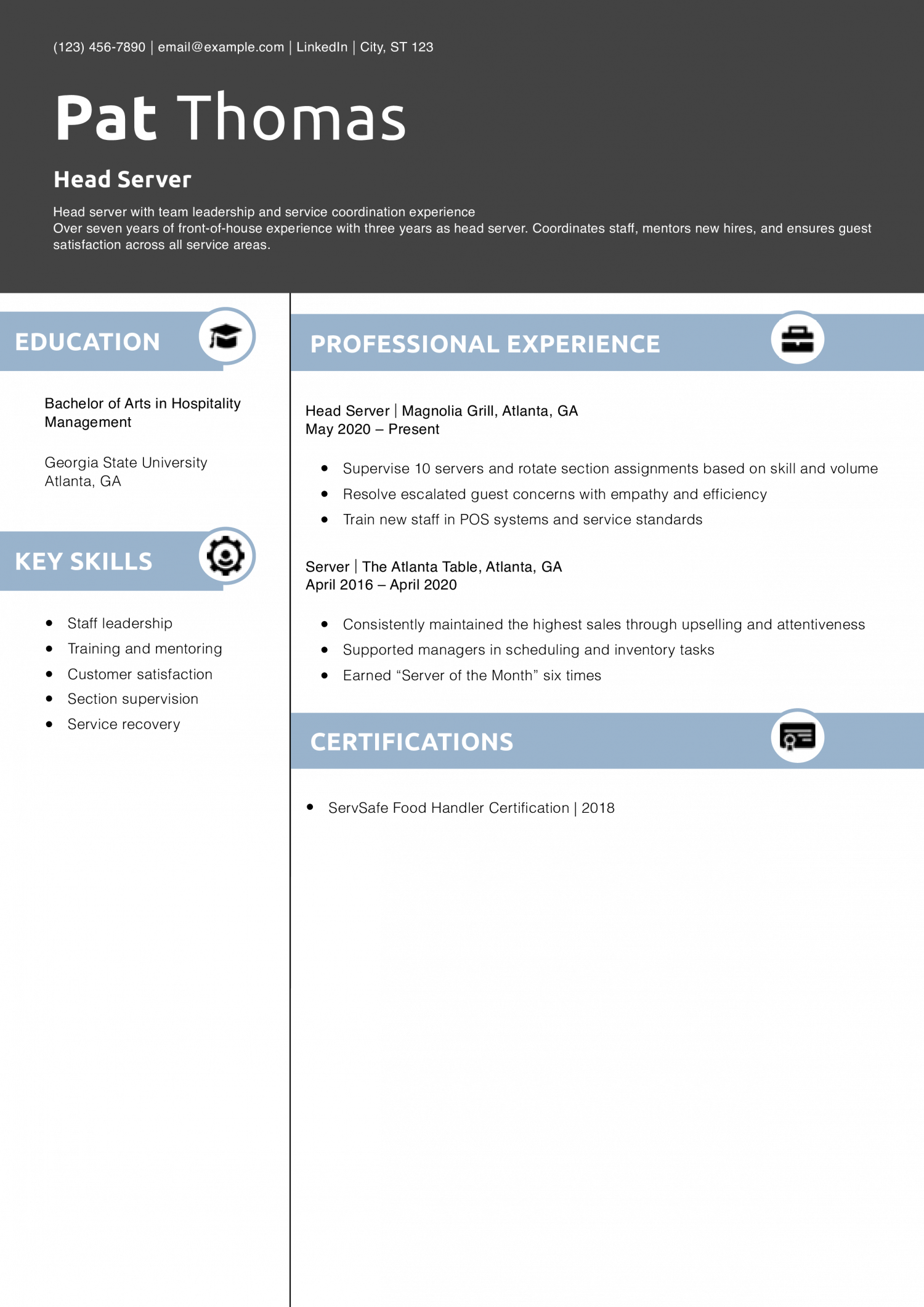 Head Server Resume Example