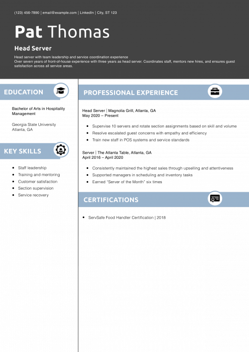 Head Server Resume Example