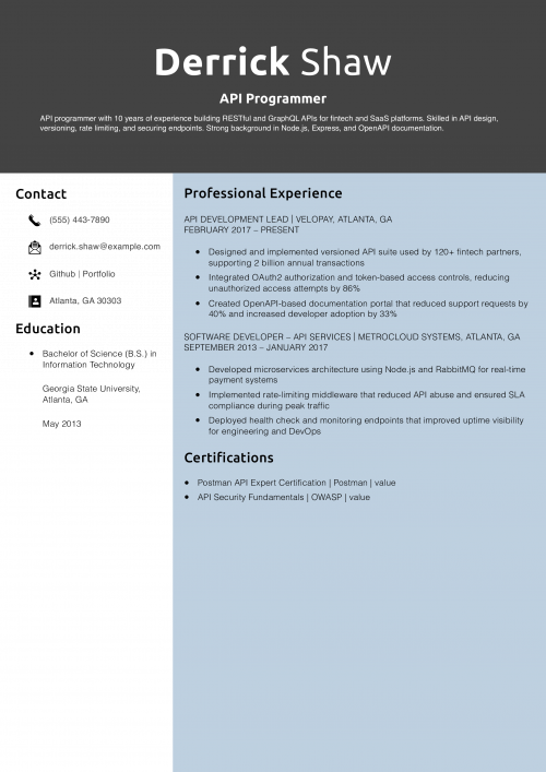 API Programmer Resume Example