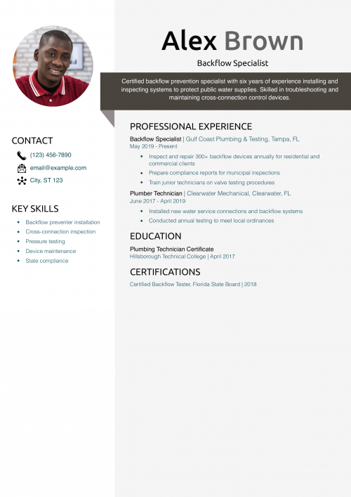 Backflow Specialist Resume Example