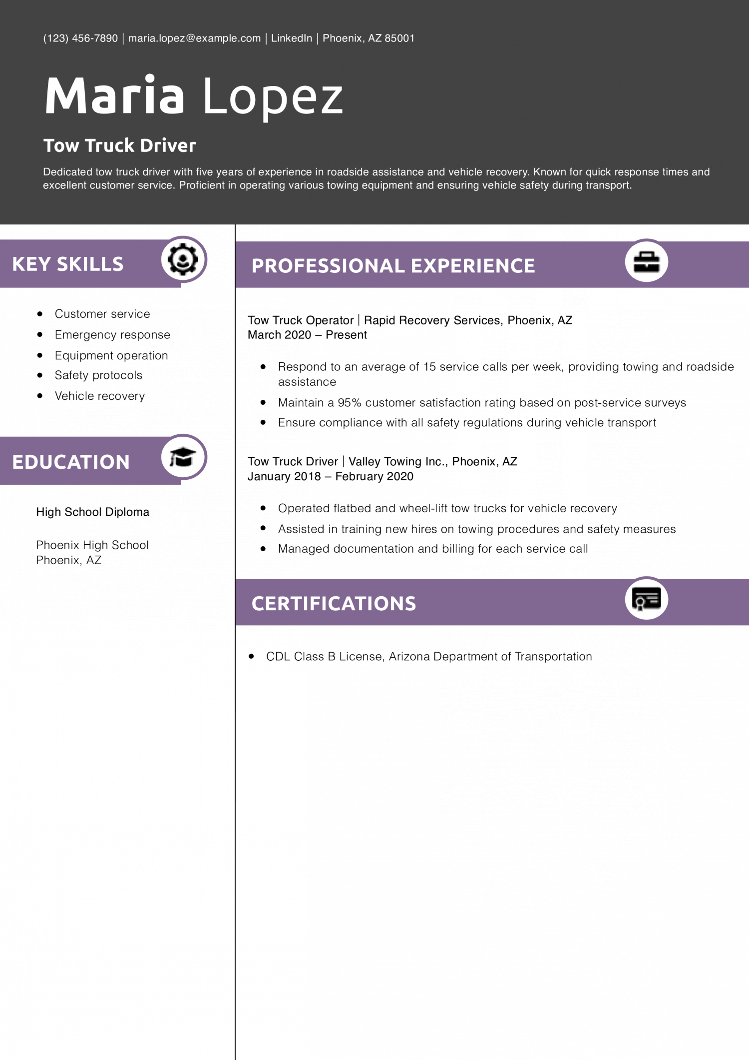 Tow Truck Driver Resume