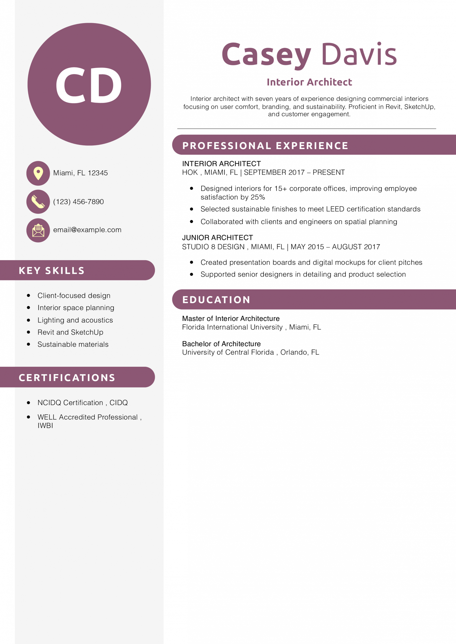Interior Architect Resume Example