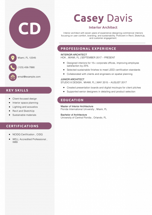 Interior Architect Resume Example