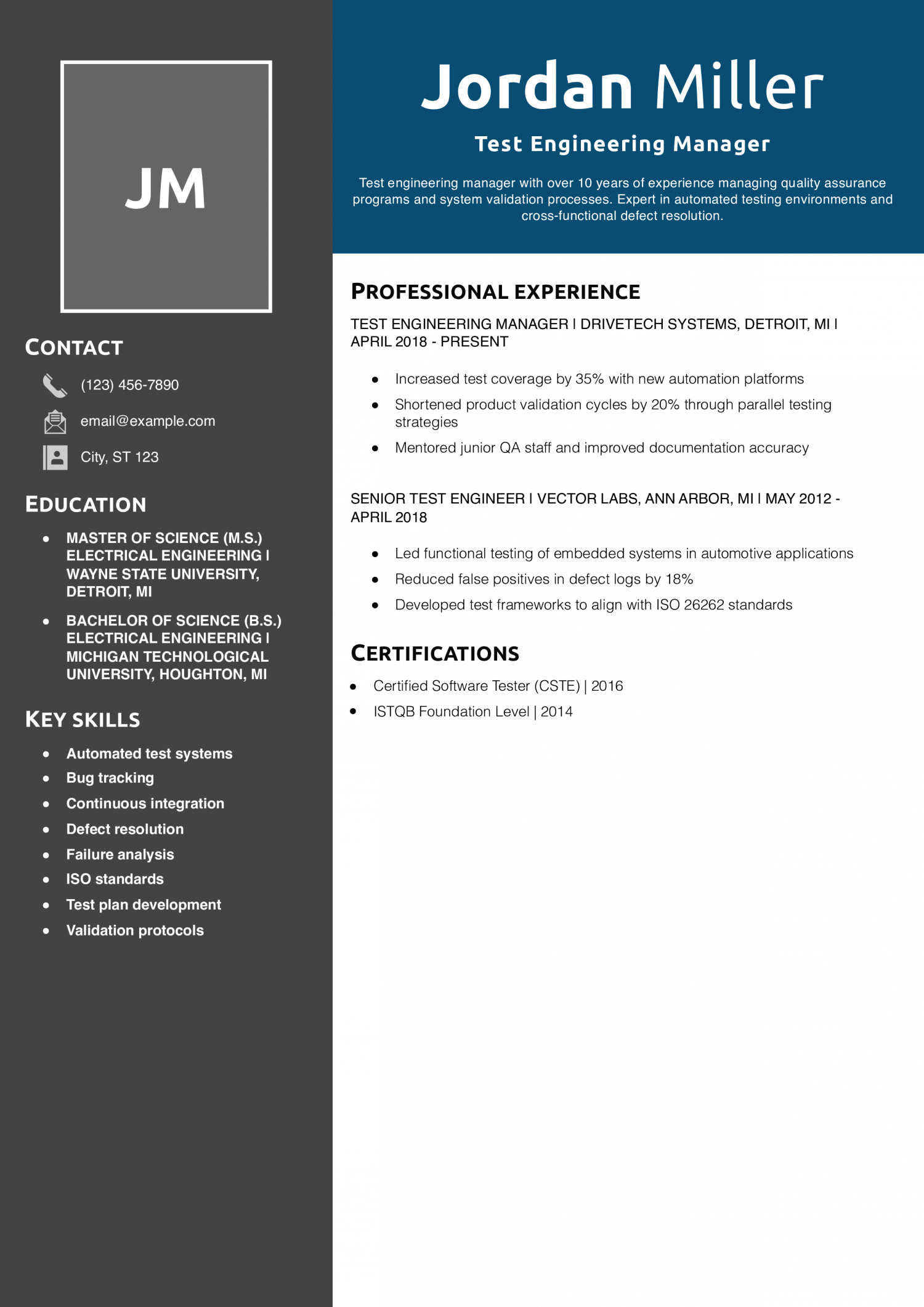 Test Engineering Manager Resume Example
