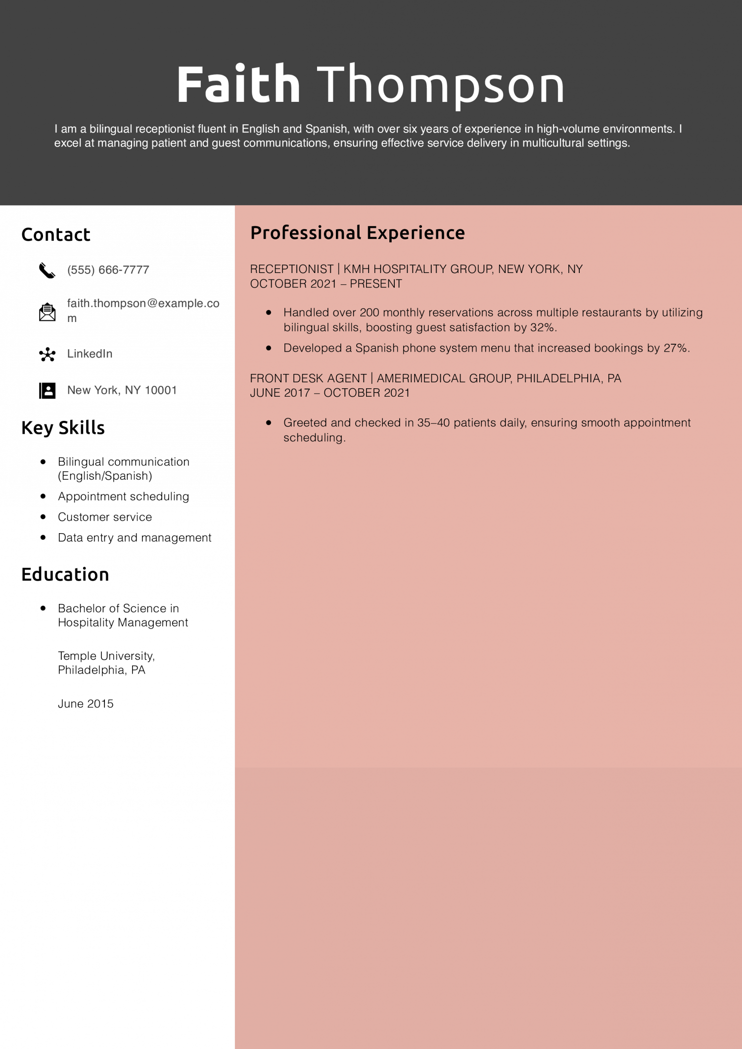 Bilingual Receptionist Resume Example