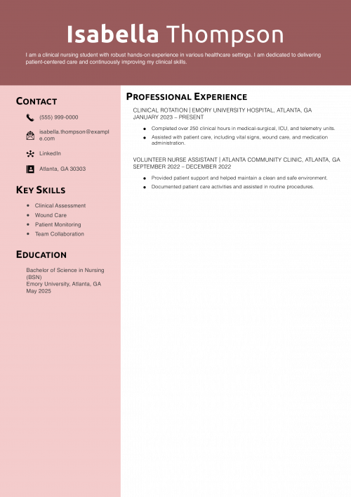 Clinical Nursing Student Resume Example