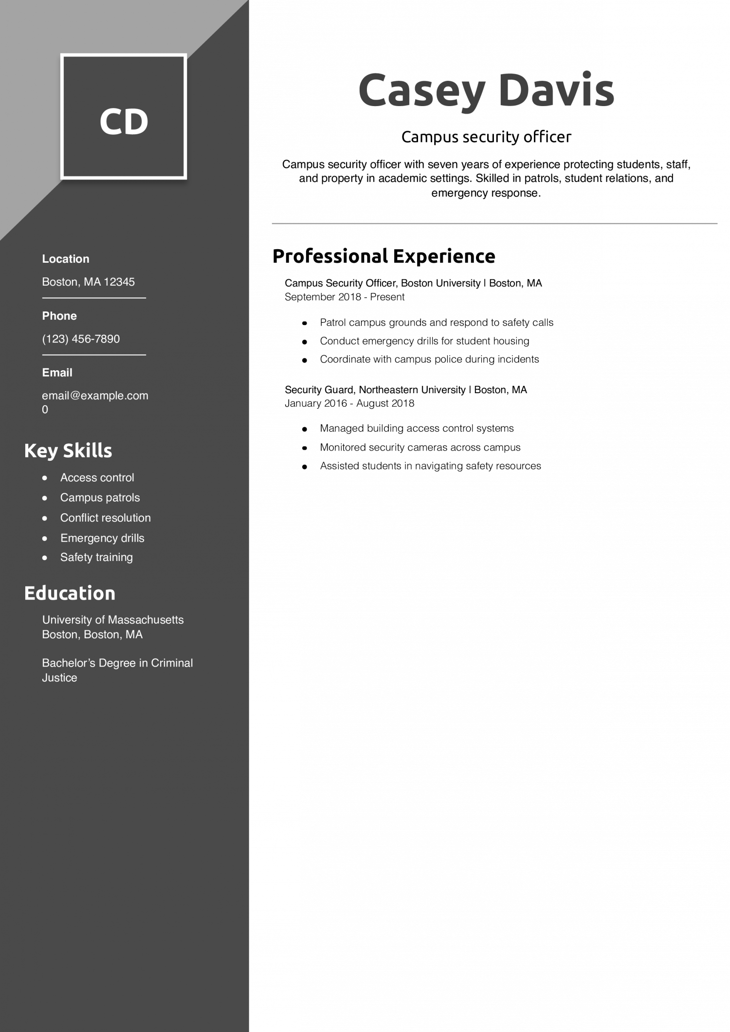 Campus security officer resume example