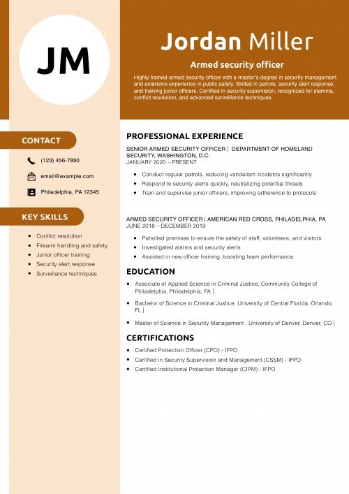 Armed security officer resume example