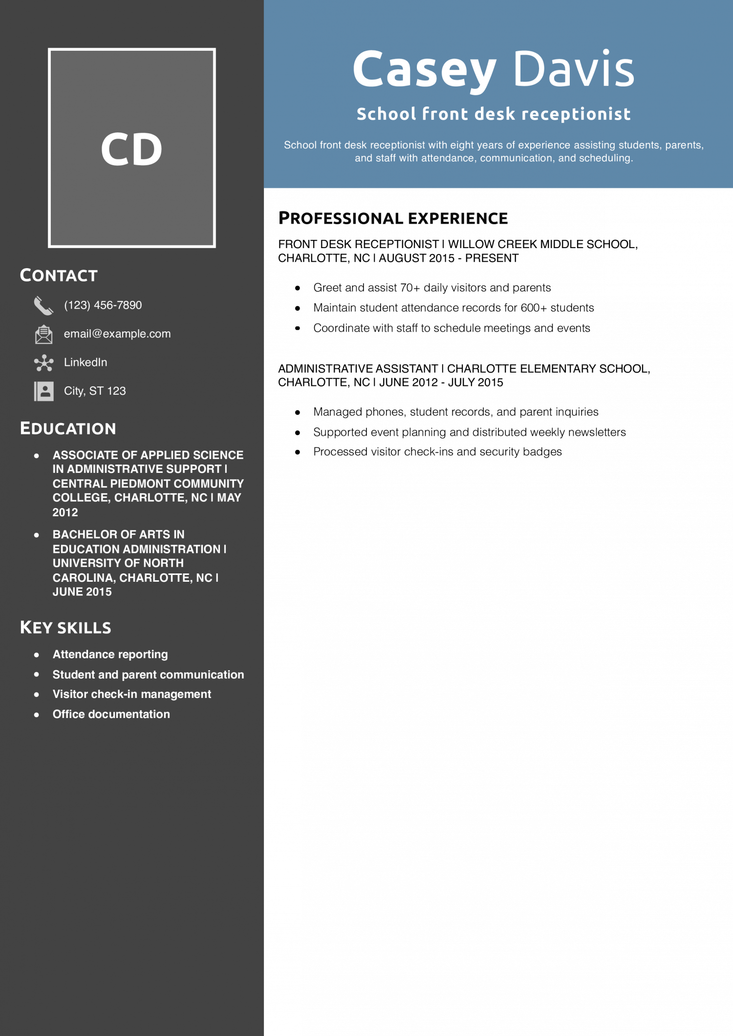 School front desk receptionist resume example