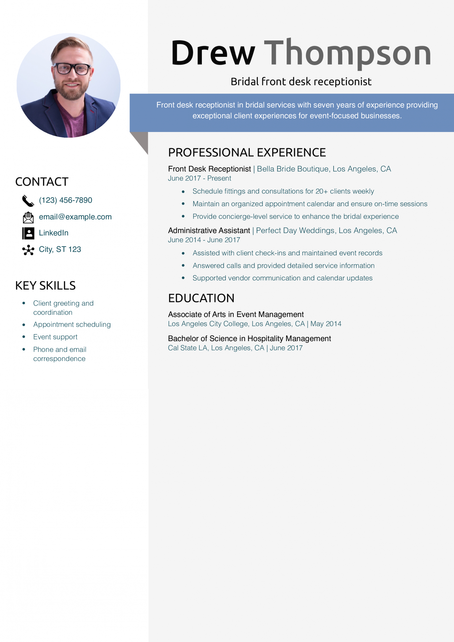 Bridal front desk receptionist resume example