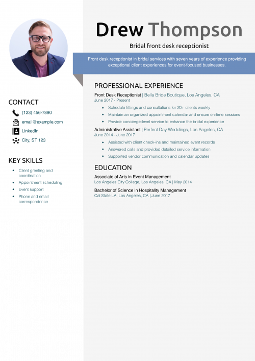 Bridal front desk receptionist resume example