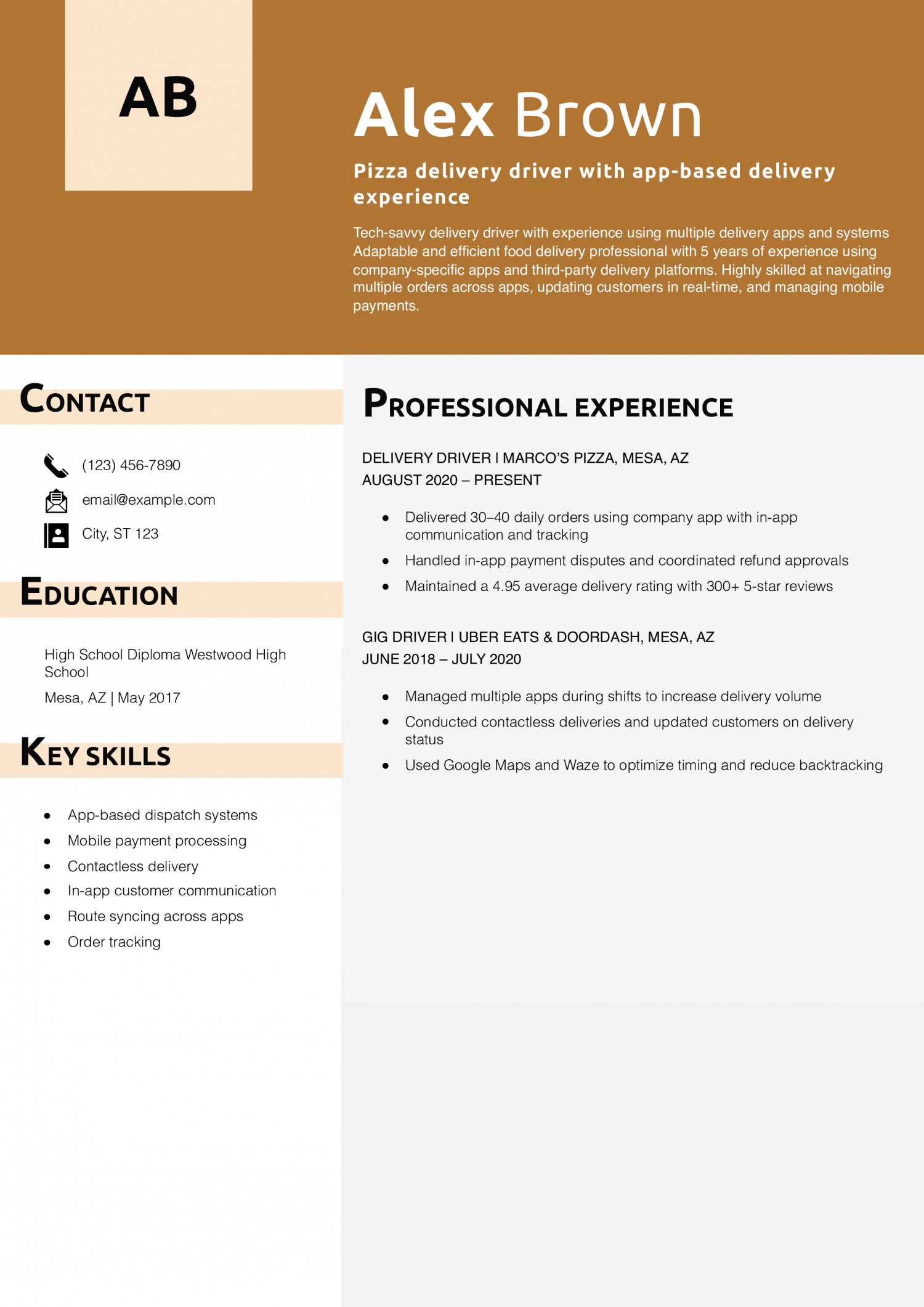 Pizza delivery driver with app-based delivery experience resume example