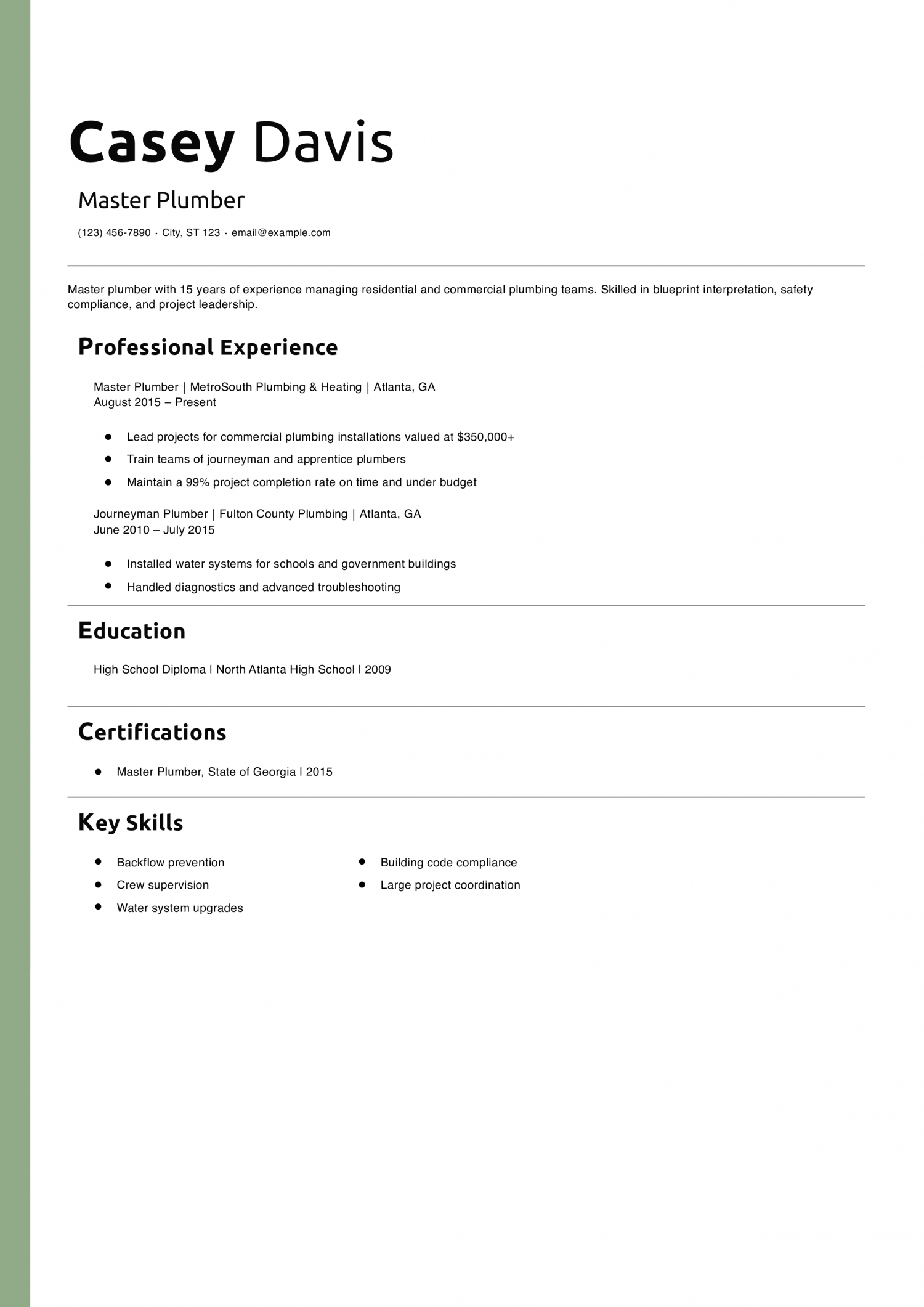 Master Plumber Resume Example