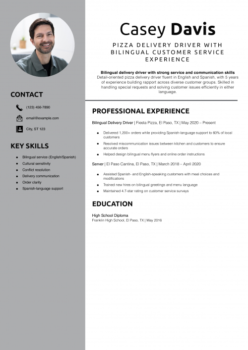 Pizza delivery driver with bilingual customer service experience resume example