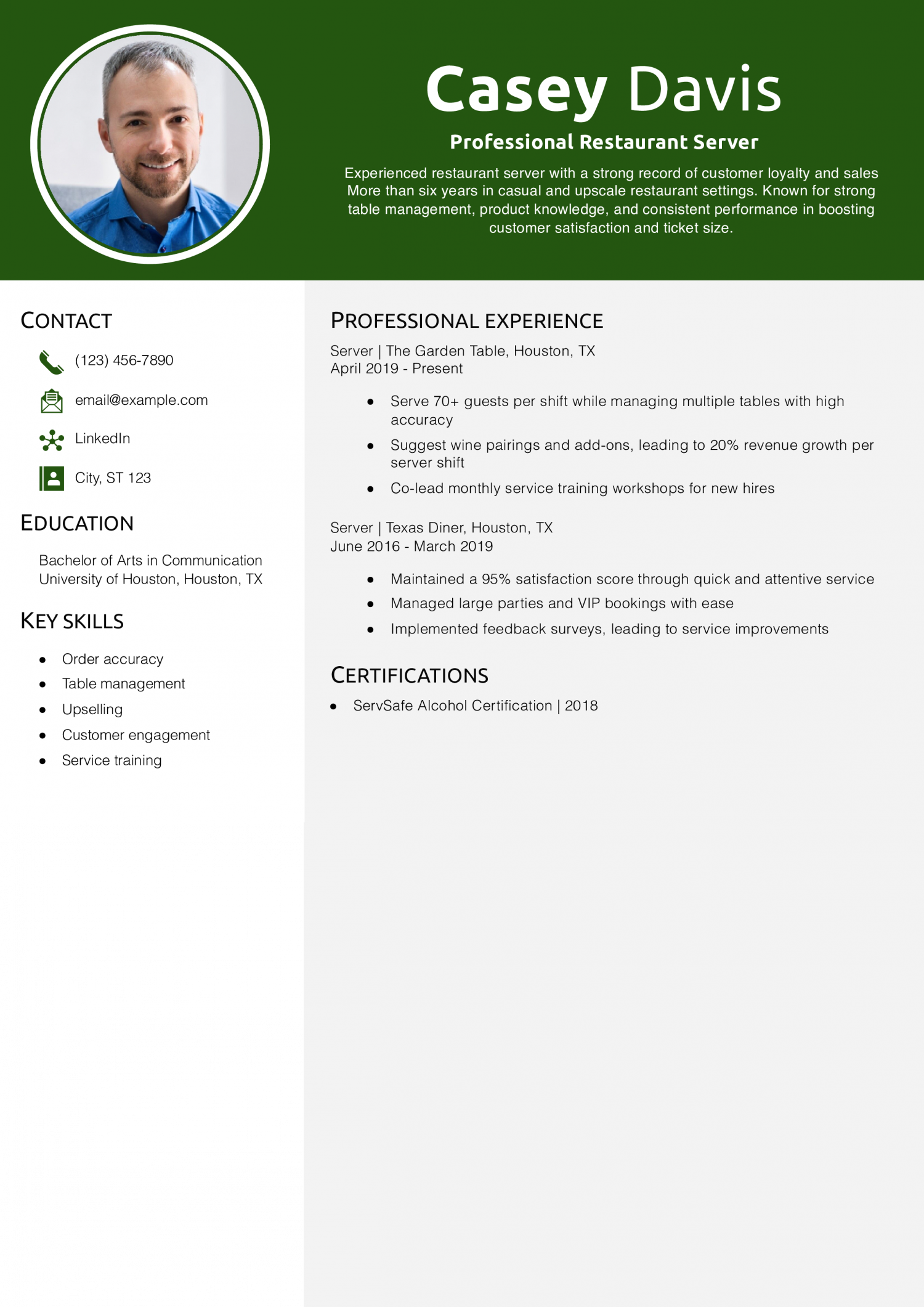 Professional Restaurant Server Resume Example