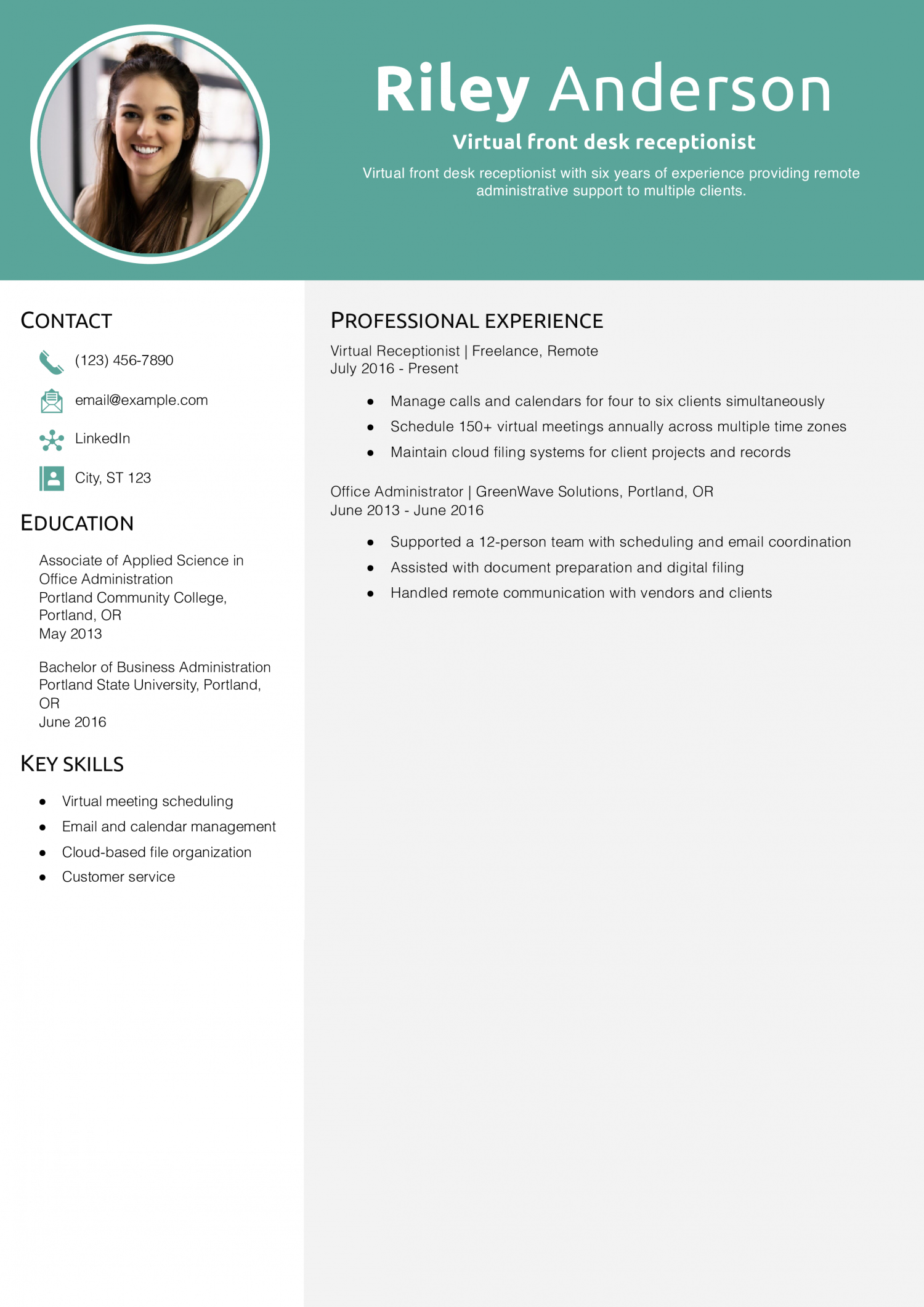 Virtual front desk receptionist resume example
