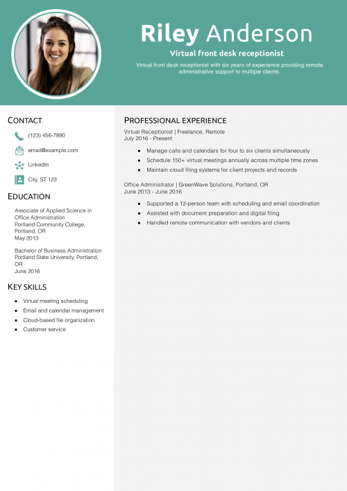Virtual front desk receptionist resume example