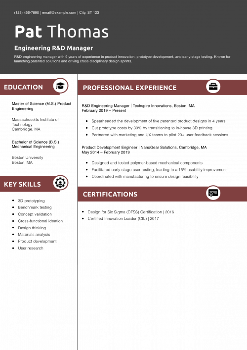 Engineering R&D Manager Resume Example