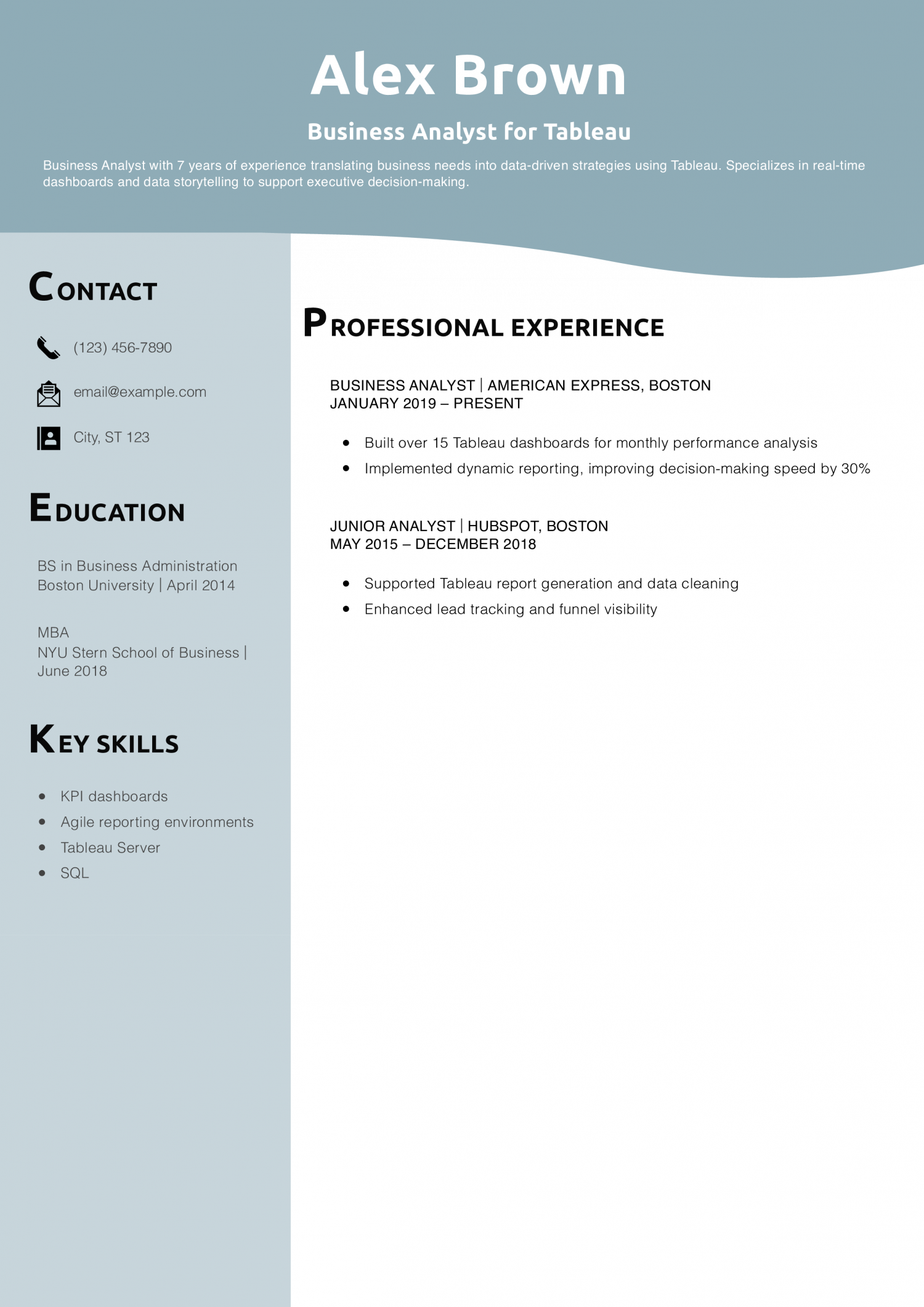 Business Analyst for Tableau Resume Example