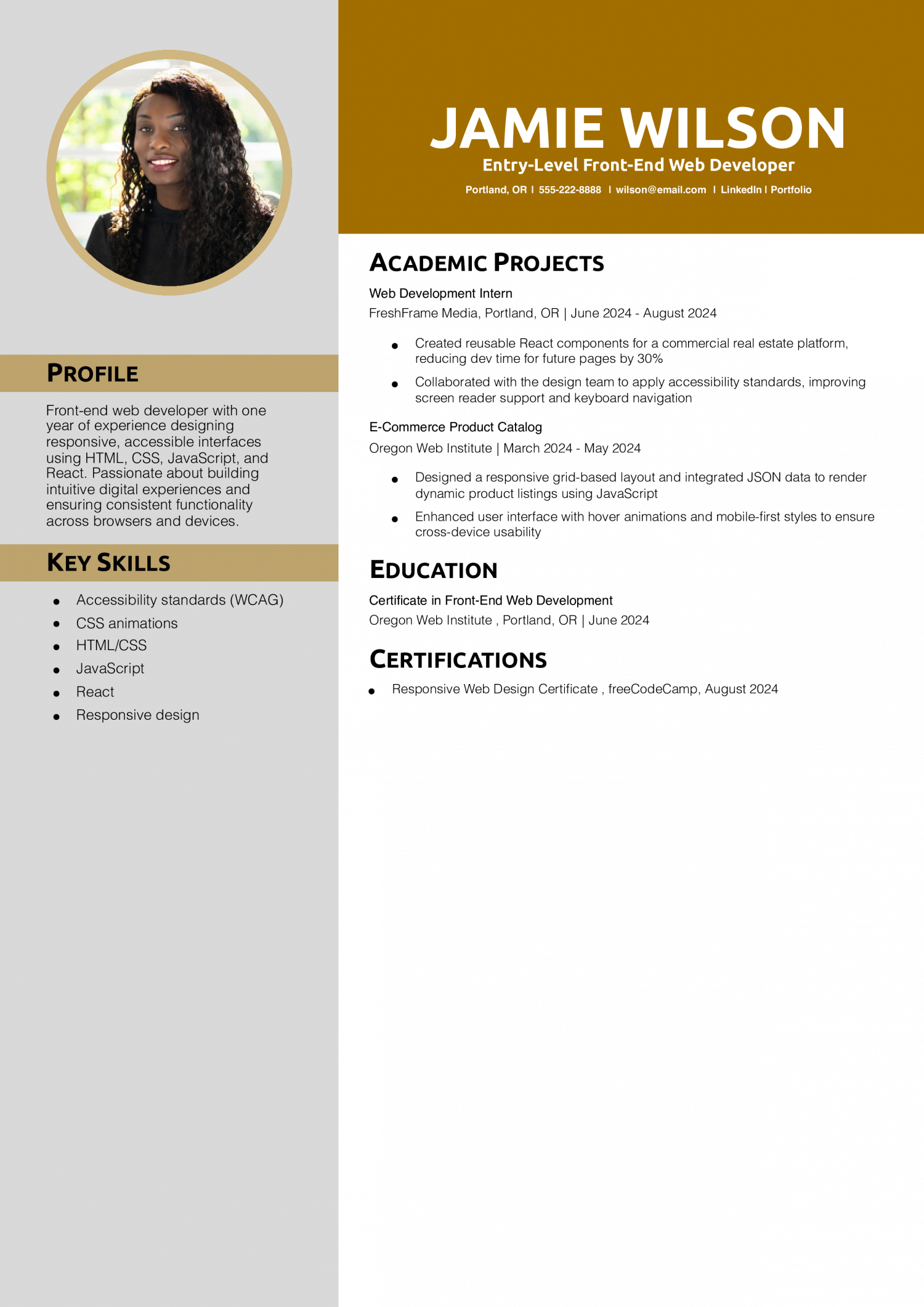 Entry-Level Front-End Web Developer Resume 