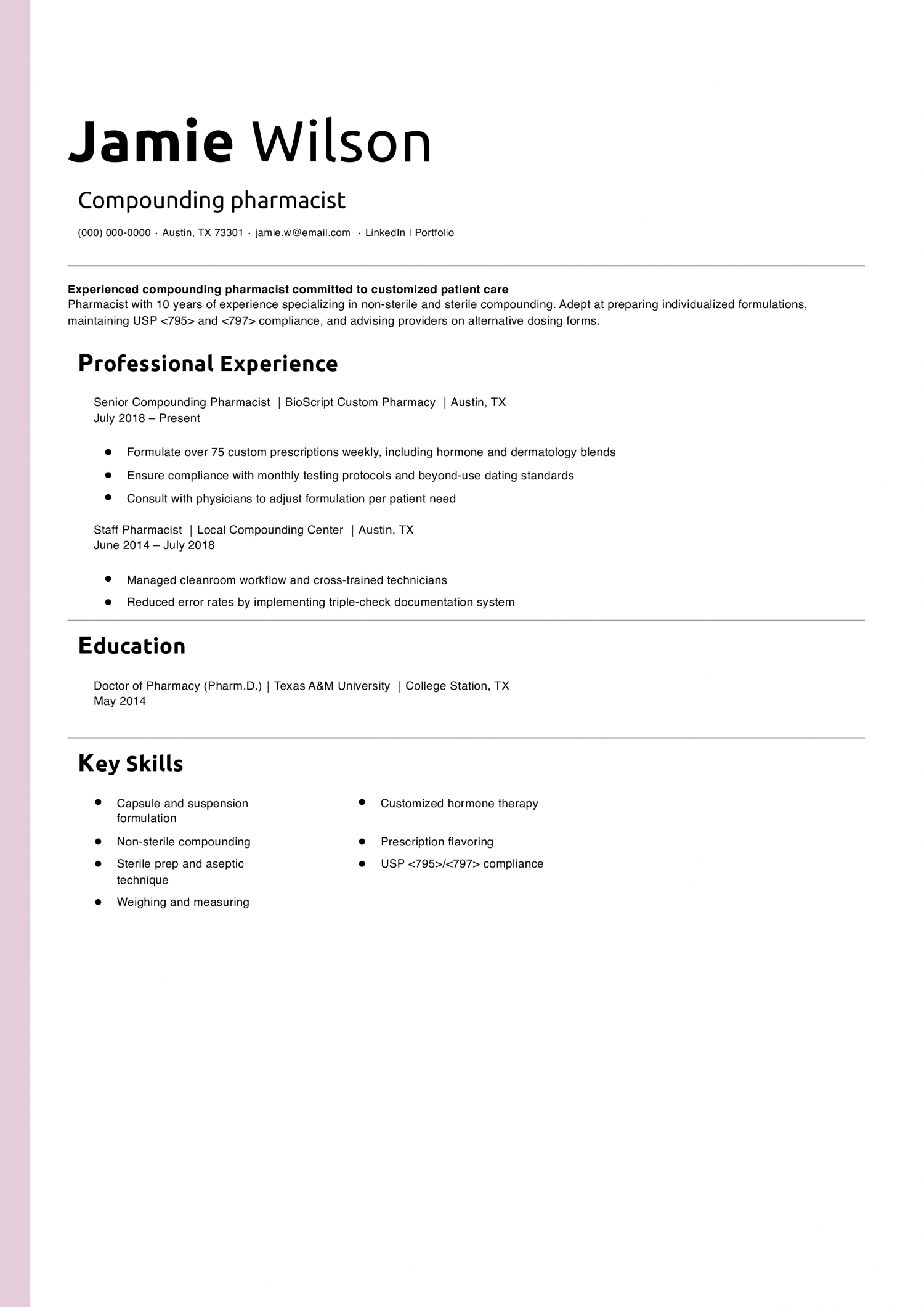 Compounding pharmacist resume  