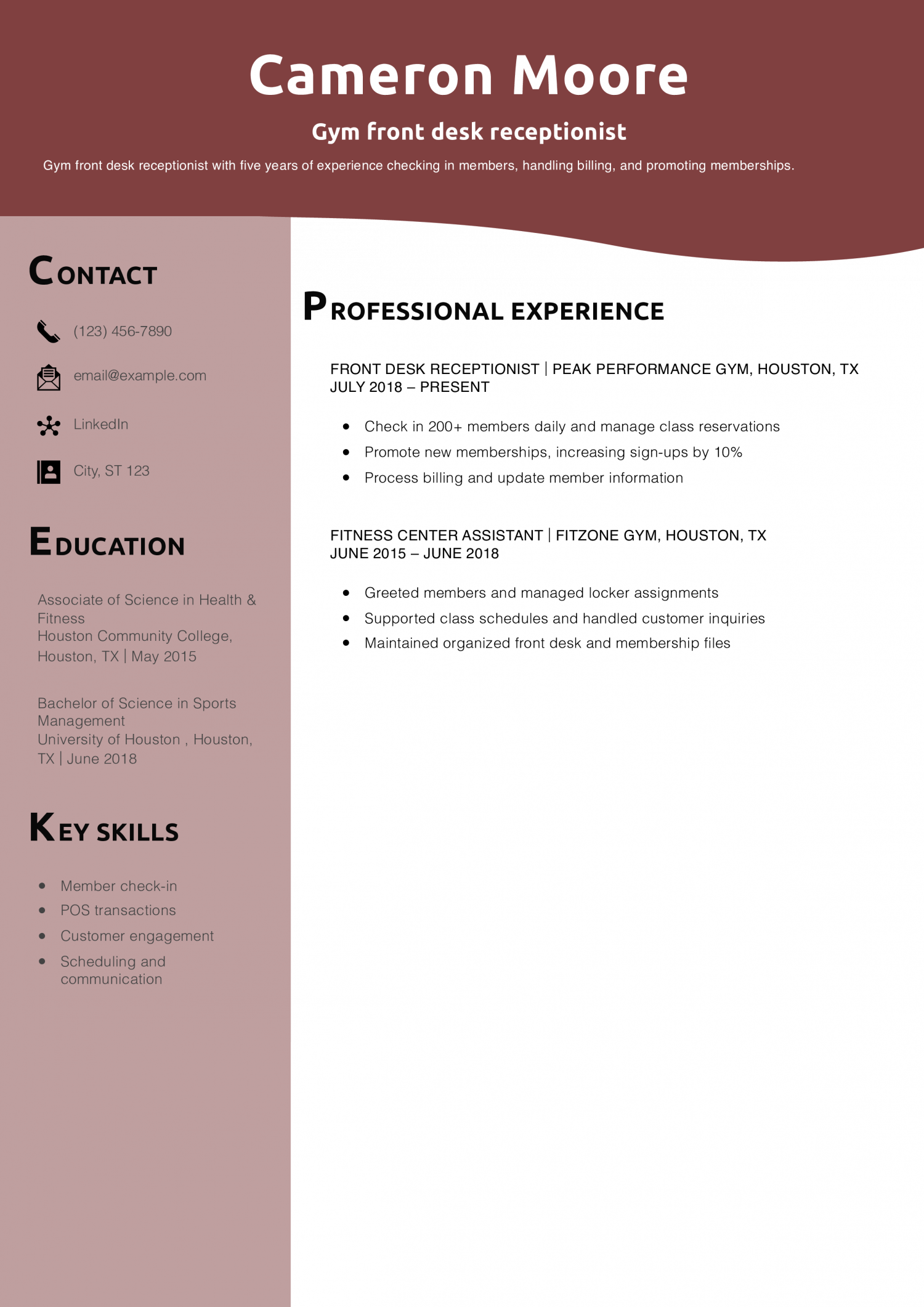 Gym front desk receptionist resume example