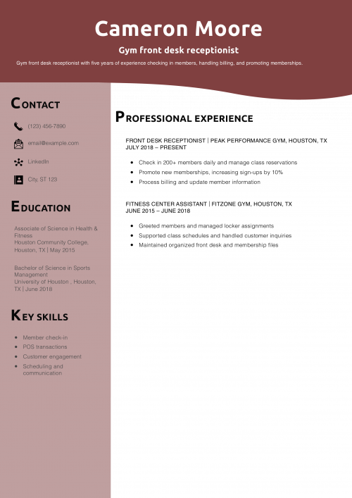 Gym front desk receptionist resume example