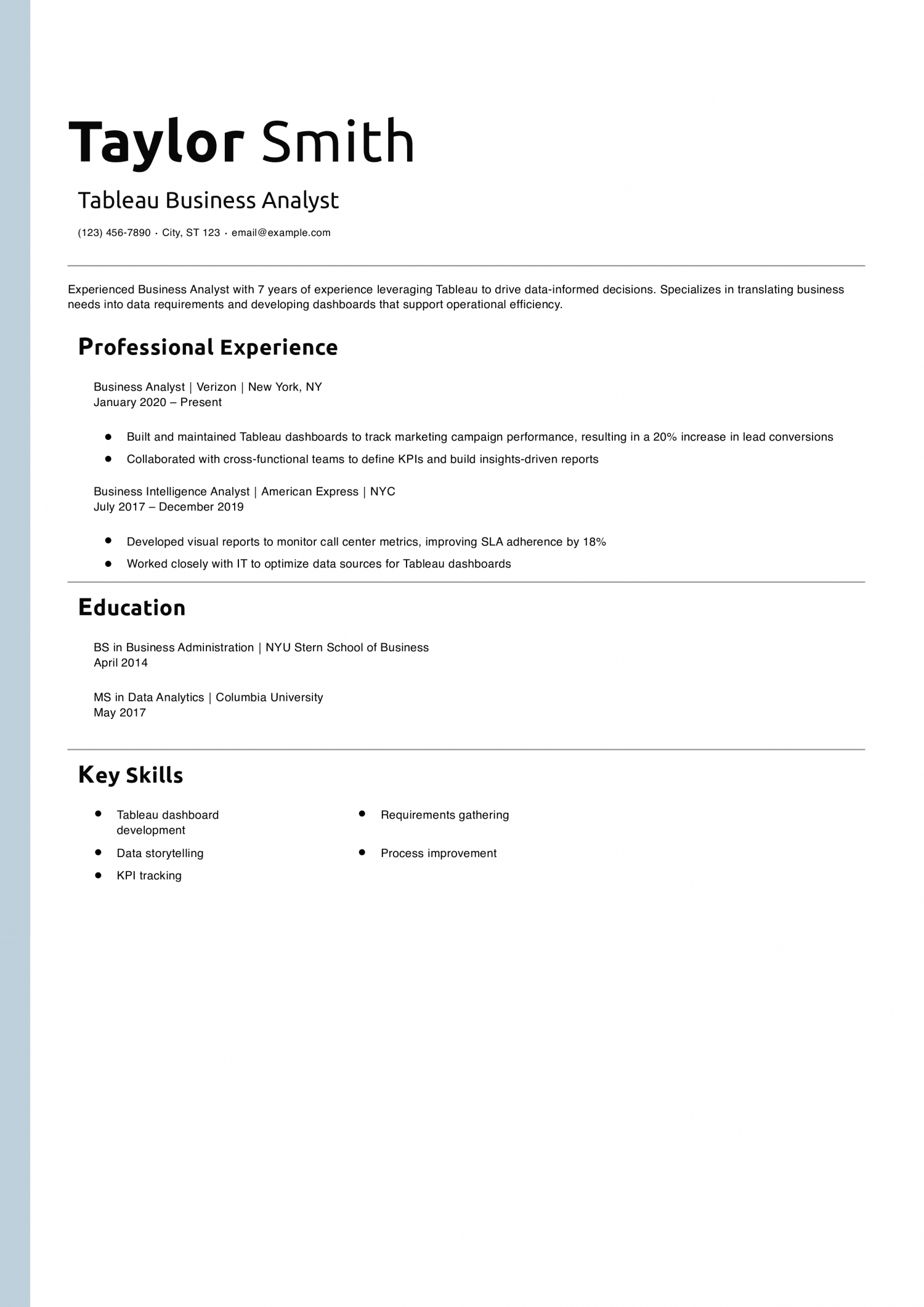 Tableau Business Analyst Resume Example