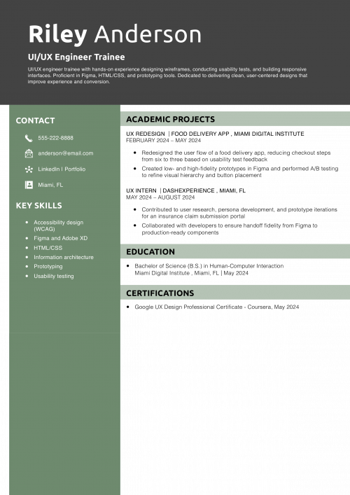 UI/UX Engineer Trainee Resume 