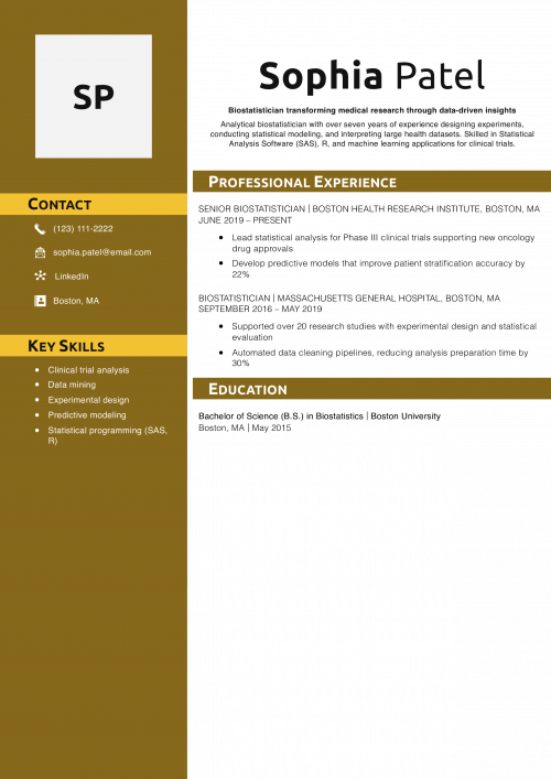 Biostatistician Resume Example