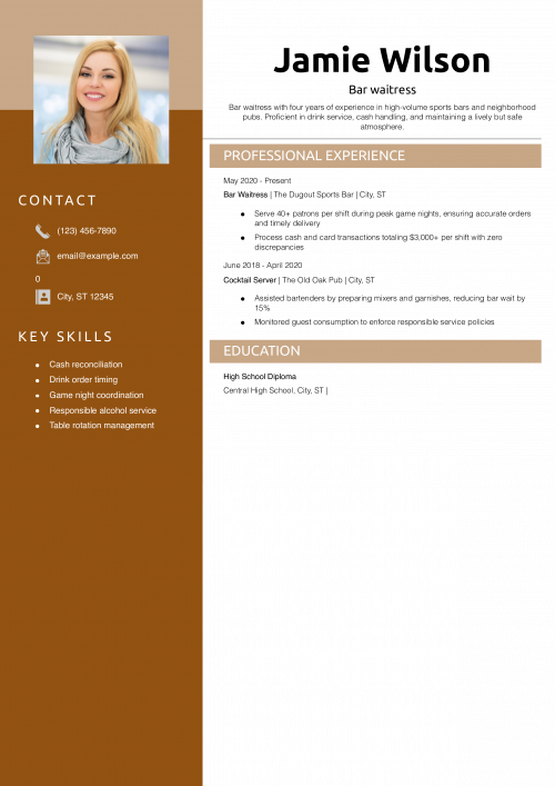 Bar waitress resume example