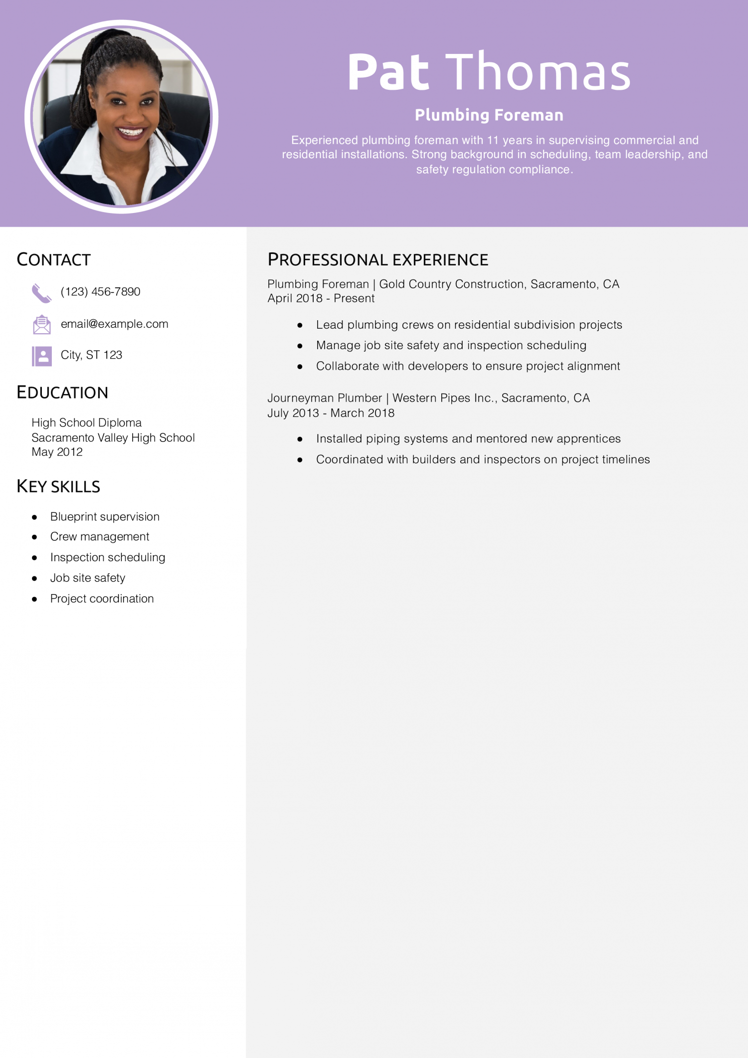 Plumbing Foreman Resume Example