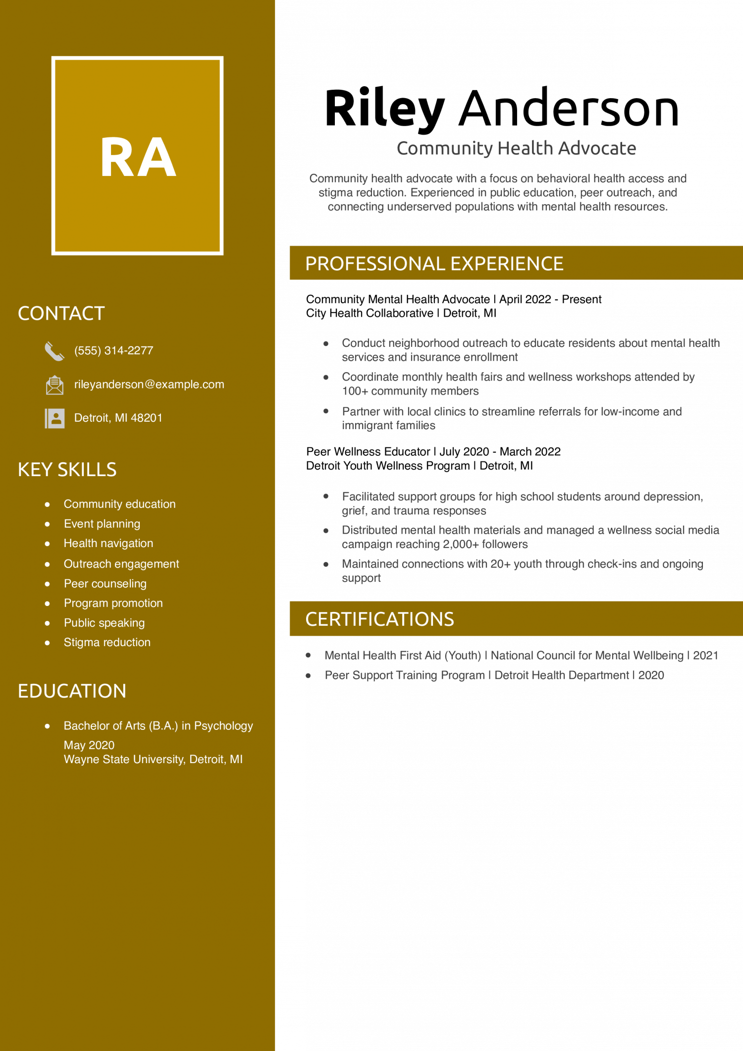 Community Health Advocate Resume