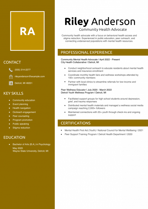 Community Health Advocate Resume