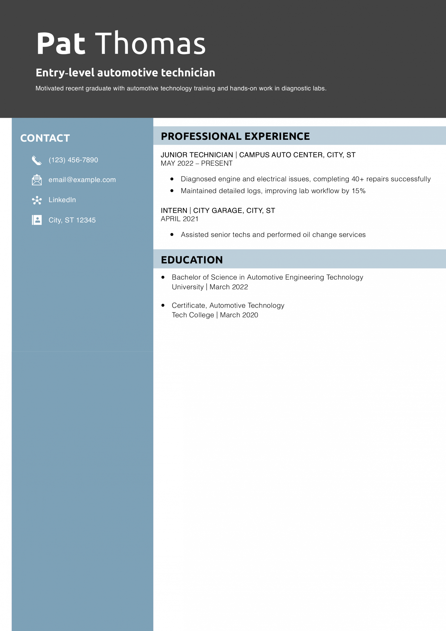 Entry level automotive technician resume example