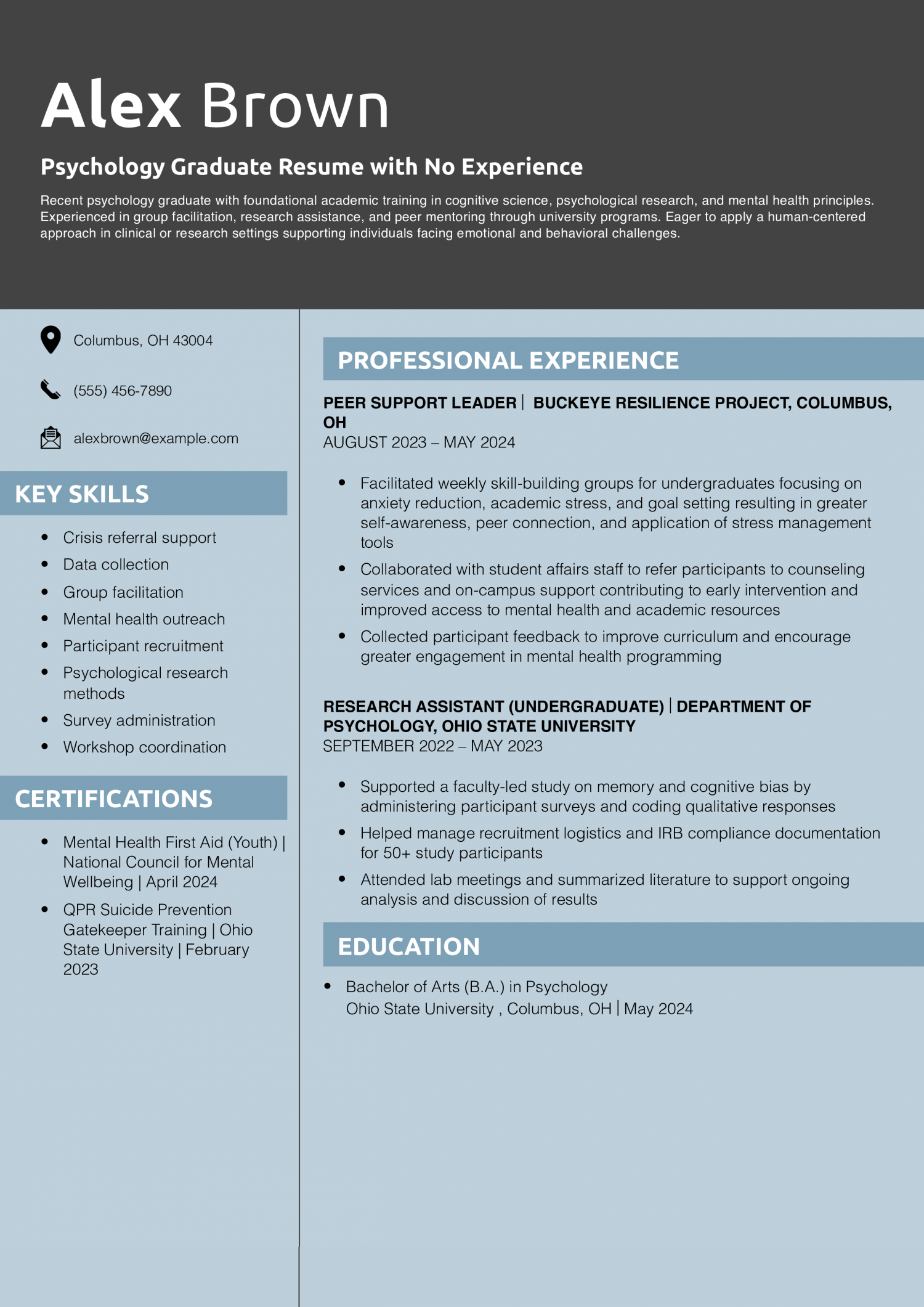 Psychology Graduate Resume with No Experience