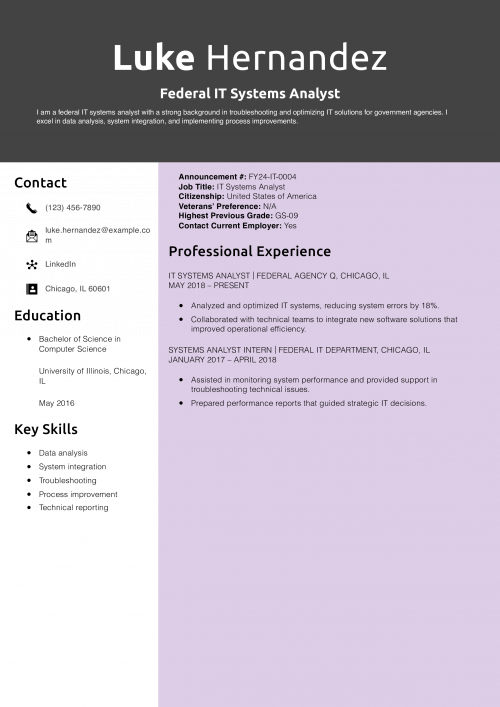 Federal IT Systems Analyst Resume Example