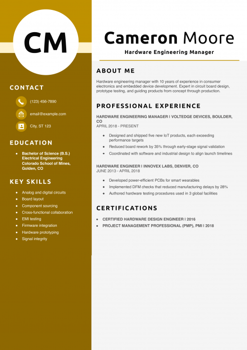 Hardware Engineering Manager Resume Example