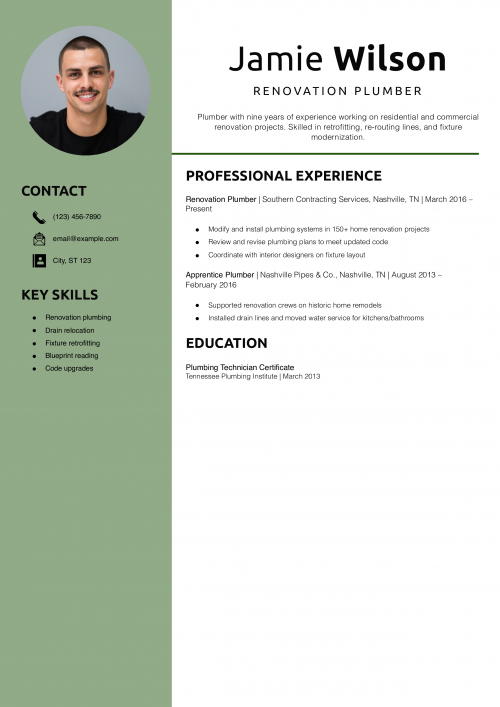 Renovation Plumber Resume Example