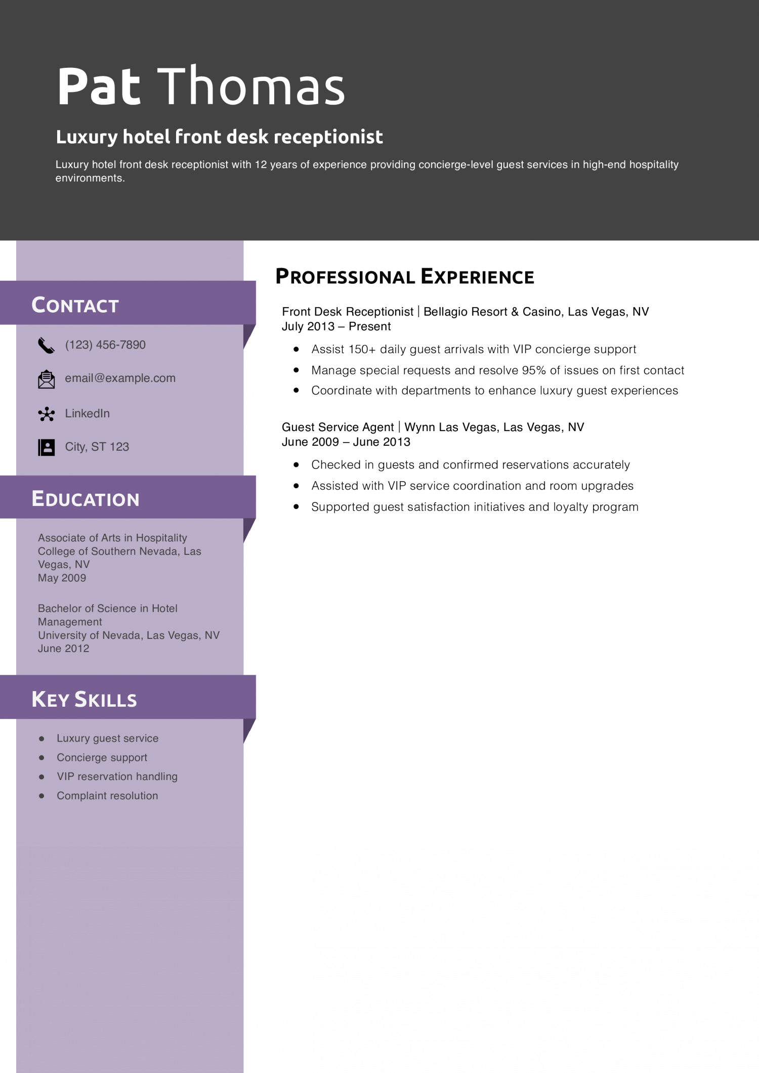 Luxury hotel front desk receptionist resume example