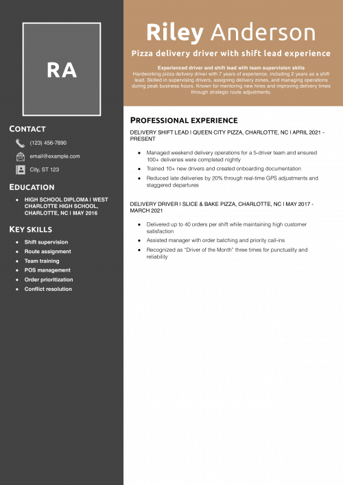 Pizza delivery driver with shift lead experience resume example