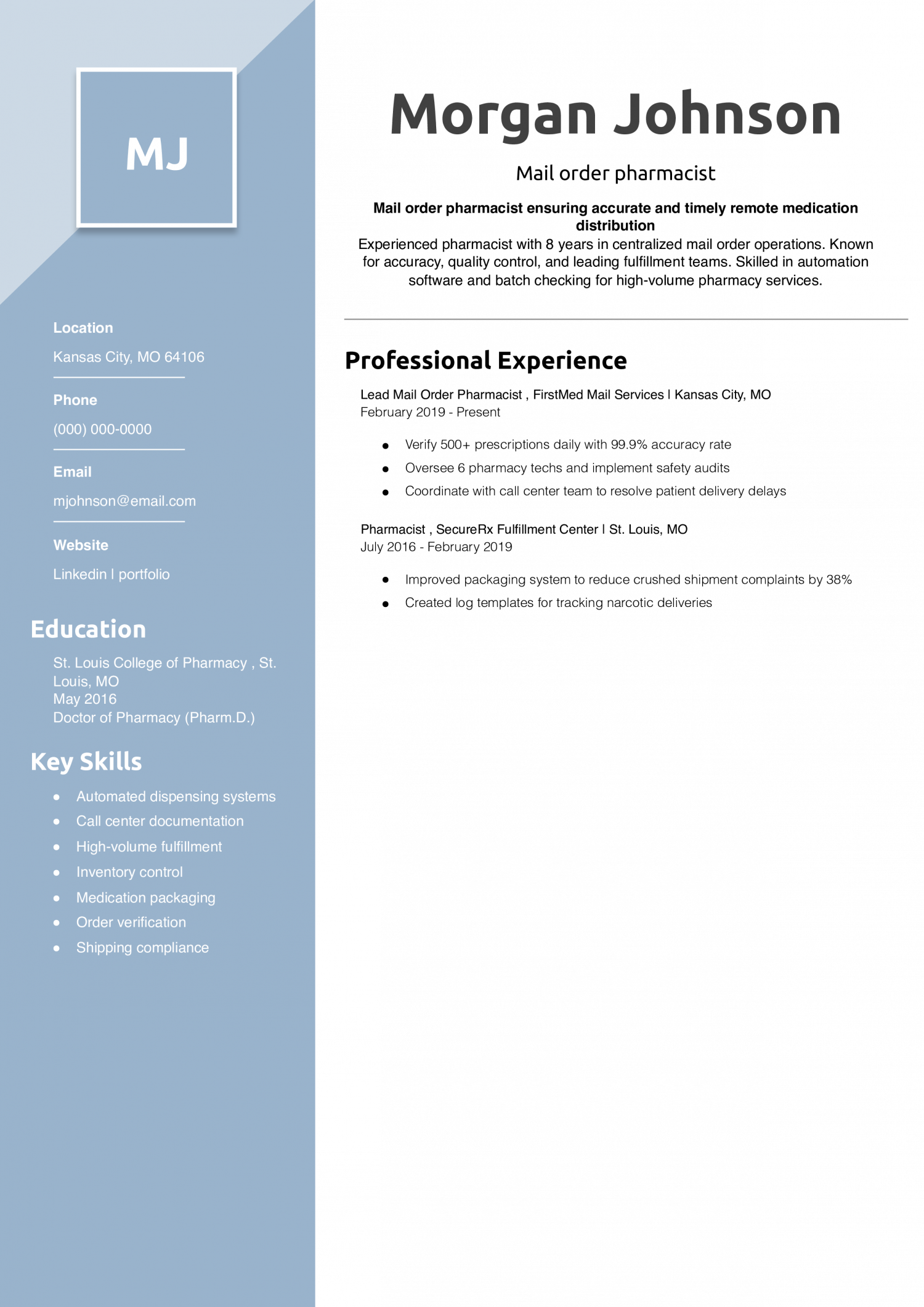 Mail order pharmacist resume 