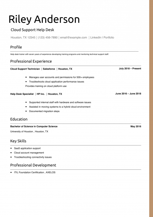  Cloud Support Help Desk Resume Example 
