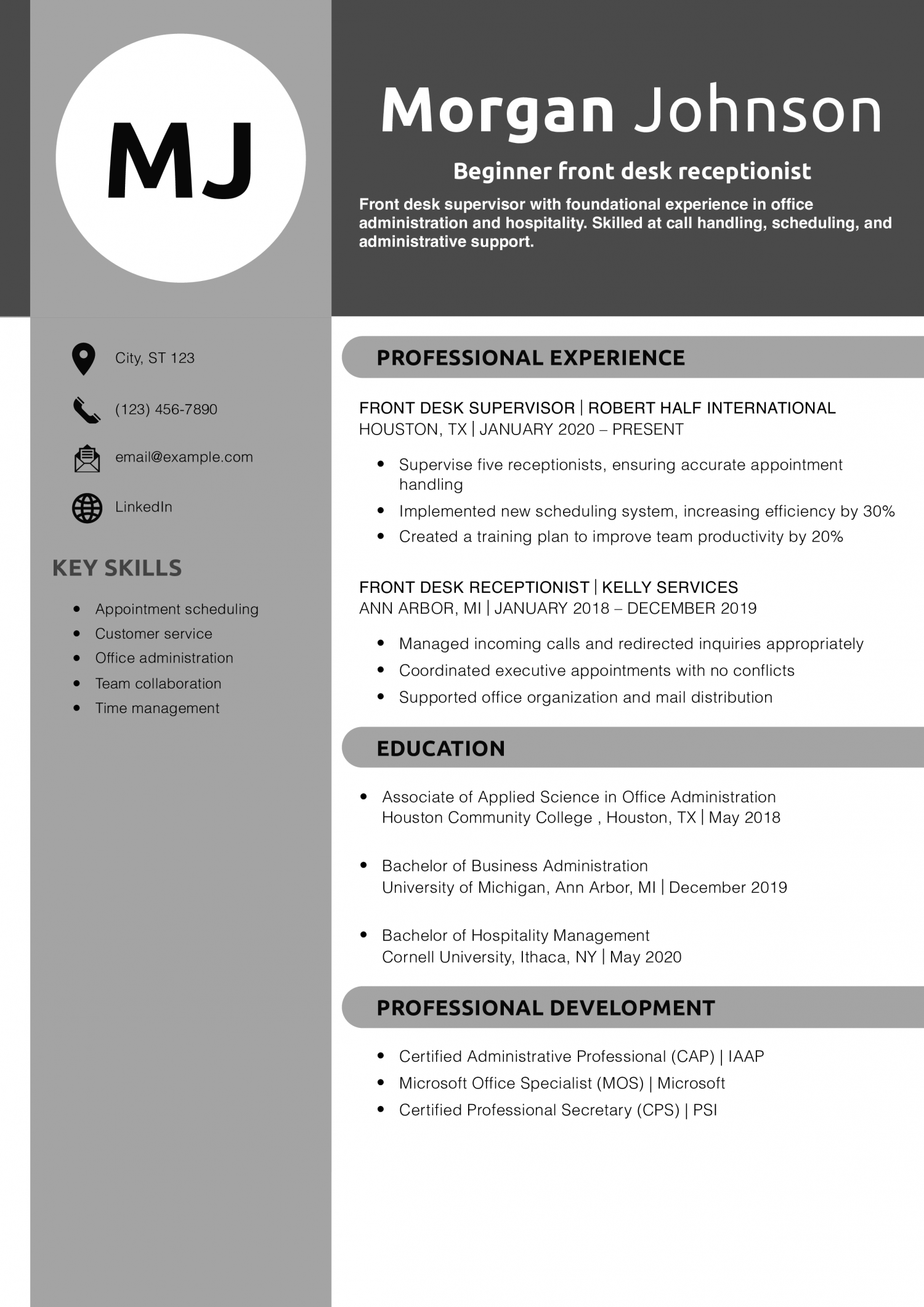 Beginner front desk receptionist resume example