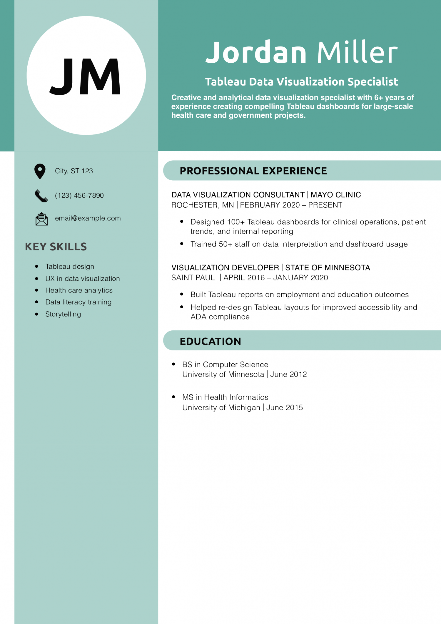 Tableau Data Visualization Specialist Resume Example