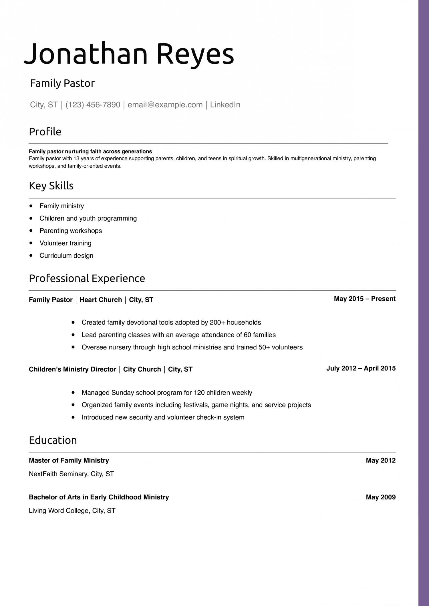 Family Pastor Resume Example