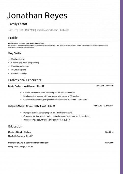 Family Pastor Resume Example