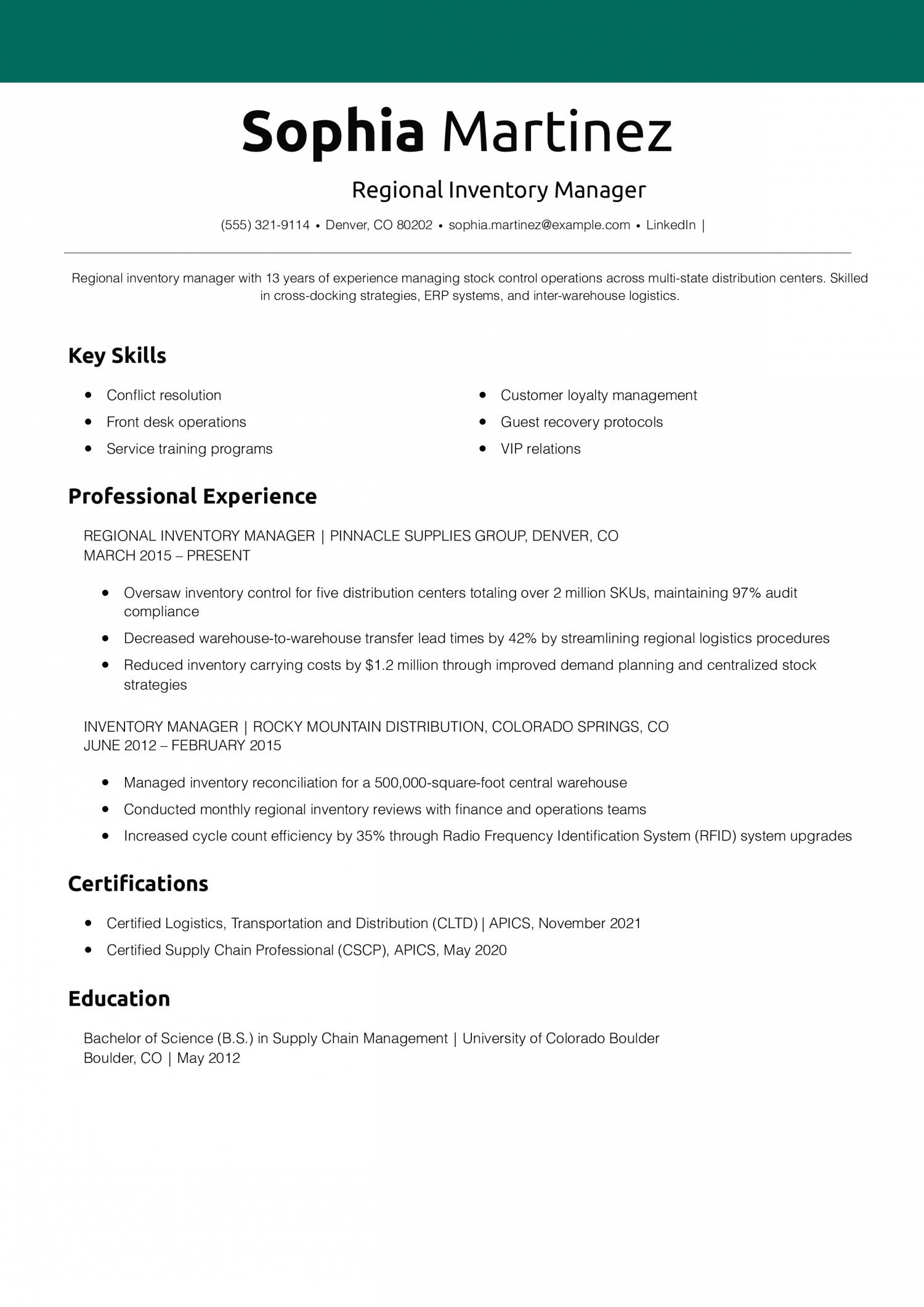 Regional Inventory Manager Resume Example