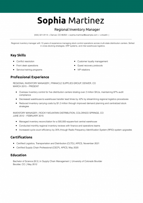 Regional Inventory Manager Resume Example